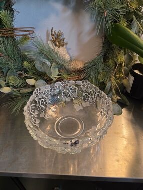 Clear Floral Glass Serving Bowl - Decorative Centerpiece